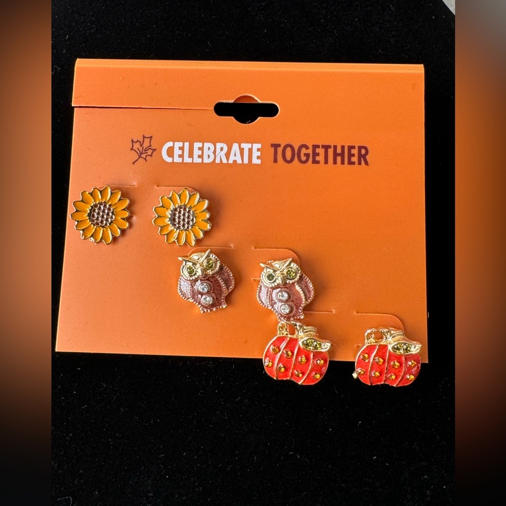 Fall Harvest Pumpkin, Owl, and Sunflower Stud Earring Set NWT